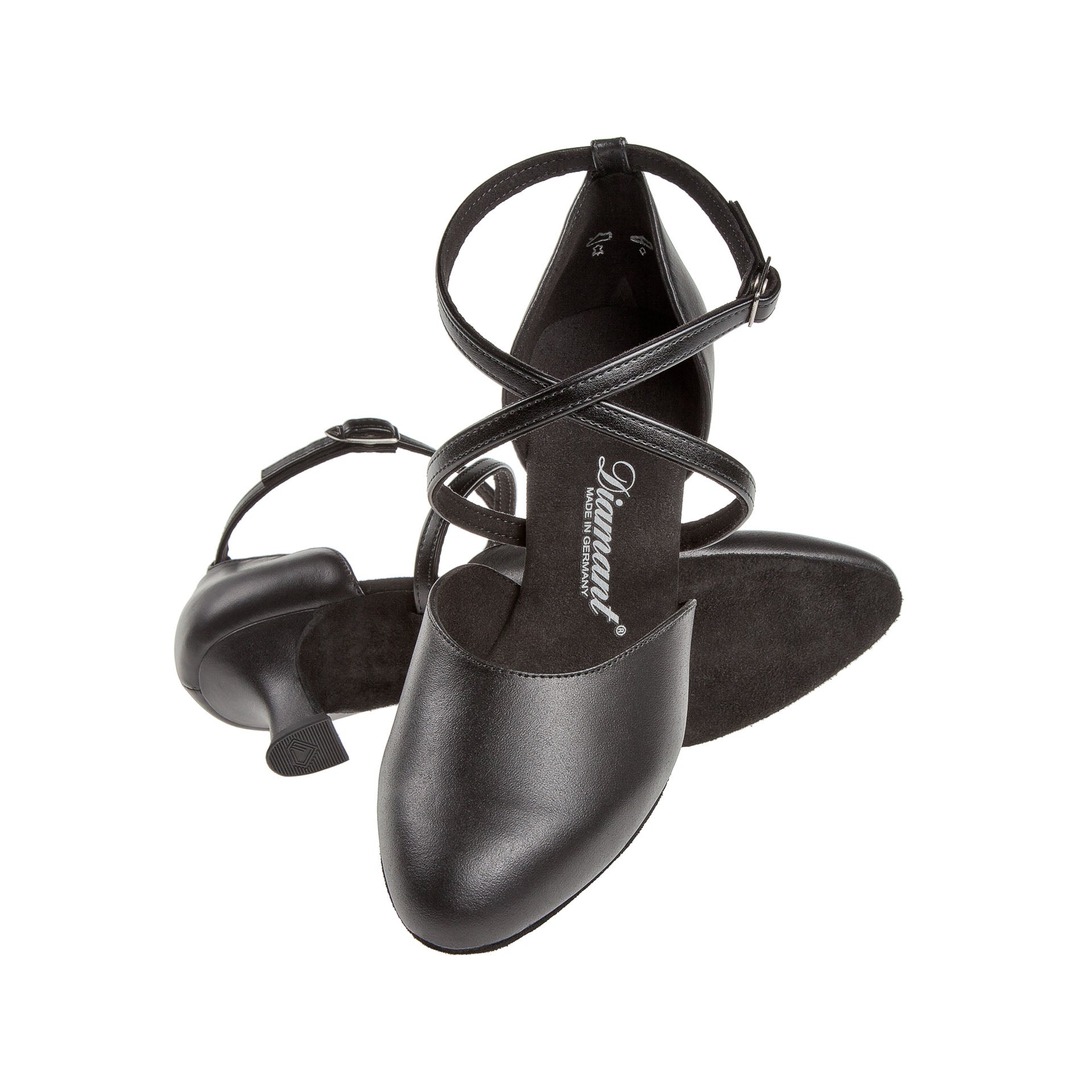 Diamant 048 Tanzschuhe in Schwarz, Riemchenform mit geschlossener Spitze, von oben und von der Seite dargestellt.
